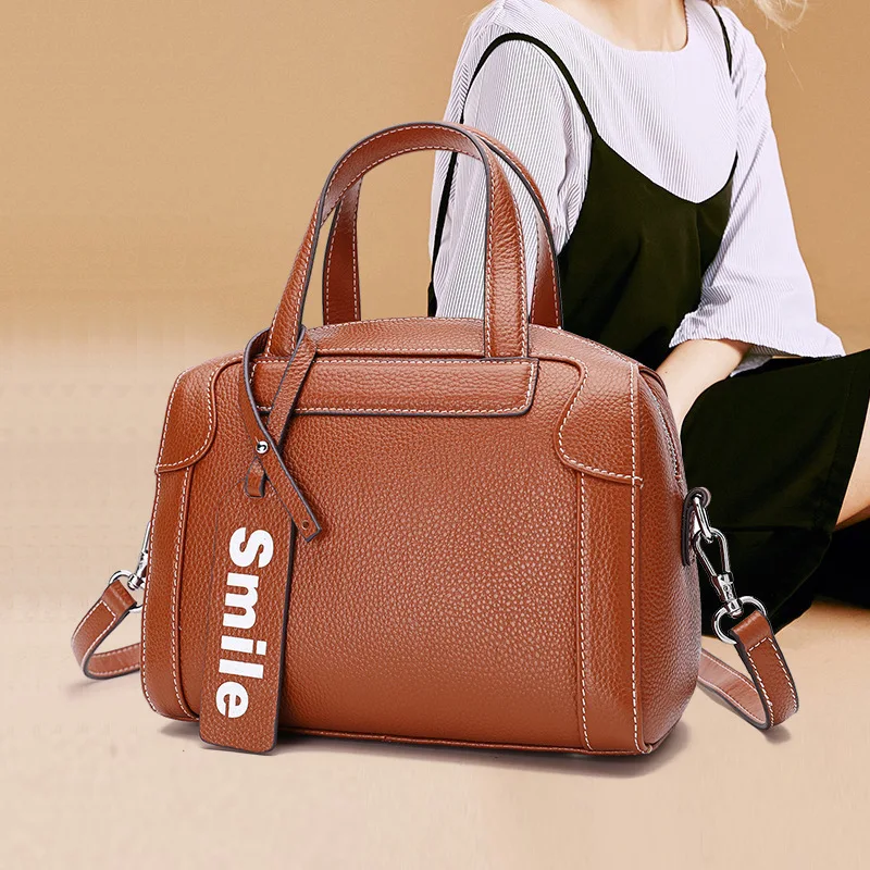 

Genuine Leather Boston Portable 2020 Head Layer Soft Cowhide Pillow Single Shoulder Slung Female Bag 1056