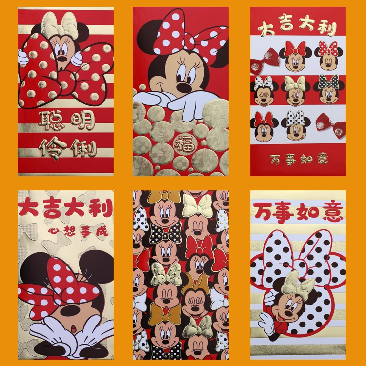6 упаковок, 36 штук, мультяшный Микки и Минни, китайский стиль, толстый красный пакет,, китайский красный новогодний конверт