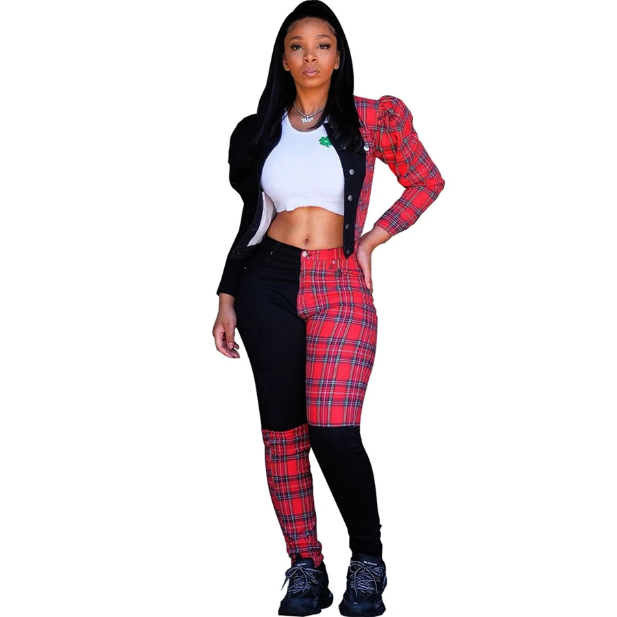 

RStylish 2020 Cute Plaid Print Patchwork Long Sleeve Jacket Top Skinny Pants Two Pieces Set Women Casual Tracksuit Club Outfits
