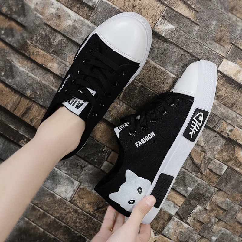 Women Vulcanized Shoes Casual Sneakers Women's Canvas Shoes Cartoon Cat  Flat Shoes White Black Tenis Feminino Zapatillas - Women's Vulcanize Shoes  - AliExpress