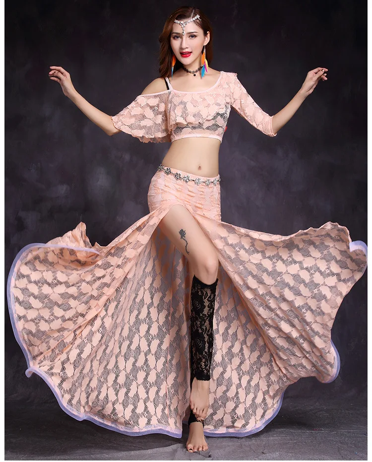 Одежда для занятий танцами живота для взрослых, кружевная юбка с разрезом, женский набор костюма для танца живота