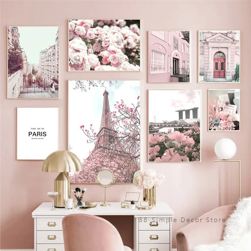 

Pink Building Scenery Picture Canvas Painting Nordic Flower Wall Art Poster Print For Modern Design Home Decoration Pictures