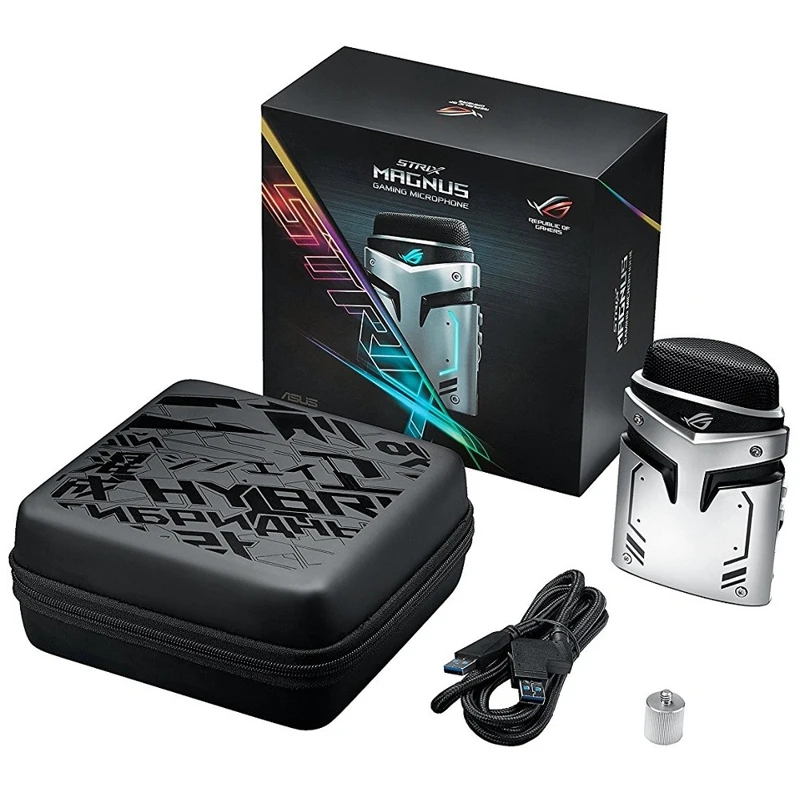 Игровой микрофон ASUS ROG Strix Magnus конденсаторный, USB/mini jack 3.5 мм, 20-20000 Гц,-35 дБ, с подсветкой, серебристый