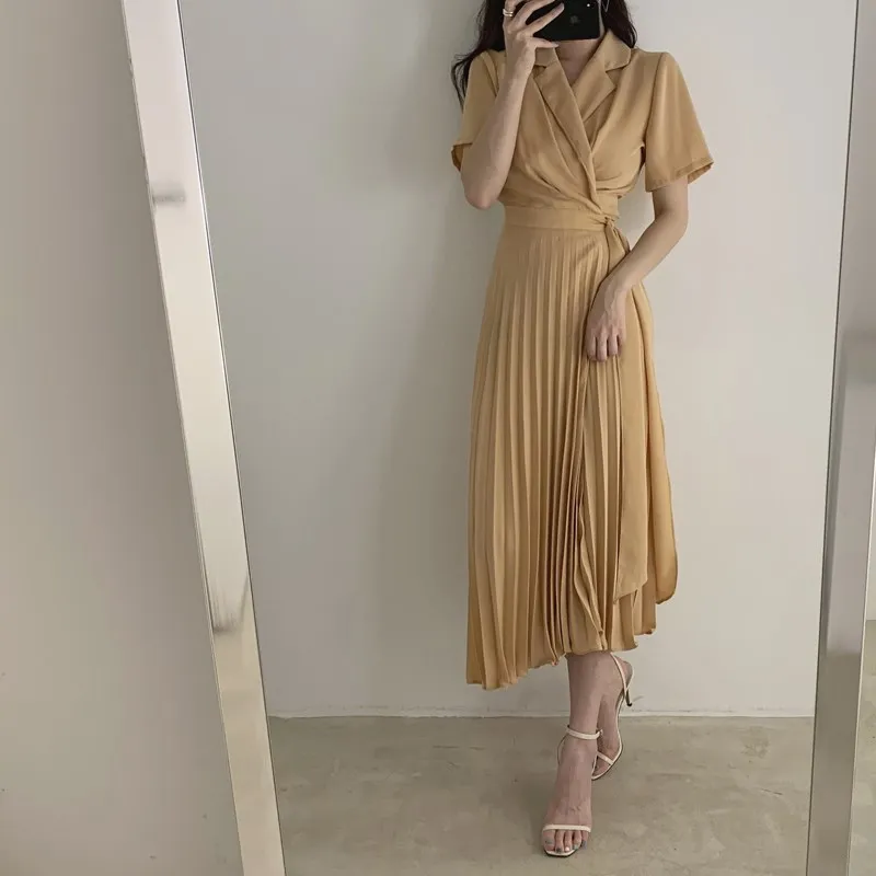 

Fashion Women Casual Solid High Waist Pleated Dress Korean Lace Up A-Line Dress Empire Short Sleeve Belt Split Midi Dress