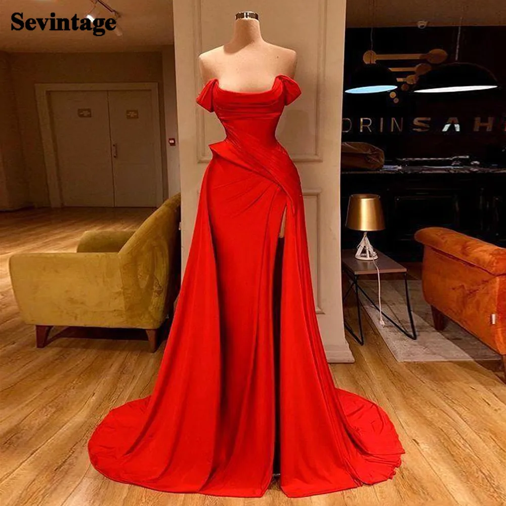 Sevintage Red Mermaid Satin Dubai Prom Party Dresses High Slit Formal