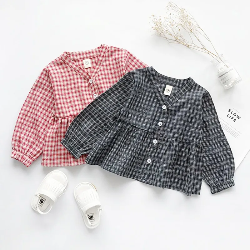 Весенне-осенняя блузка для маленьких девочек От 1 до 8 лет хлопковые клетчатые топы, блузка детские повседневные рубашки с длинными рукавами одежда для маленьких девочек 2 цвета