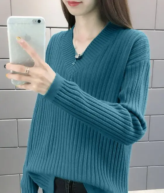 v-образный вырез, однотонный осенне-зимний женский свитер-пуловер, Женский вязаный обтягивающий свитер, свитер с длинными рукавами badycon NS4402