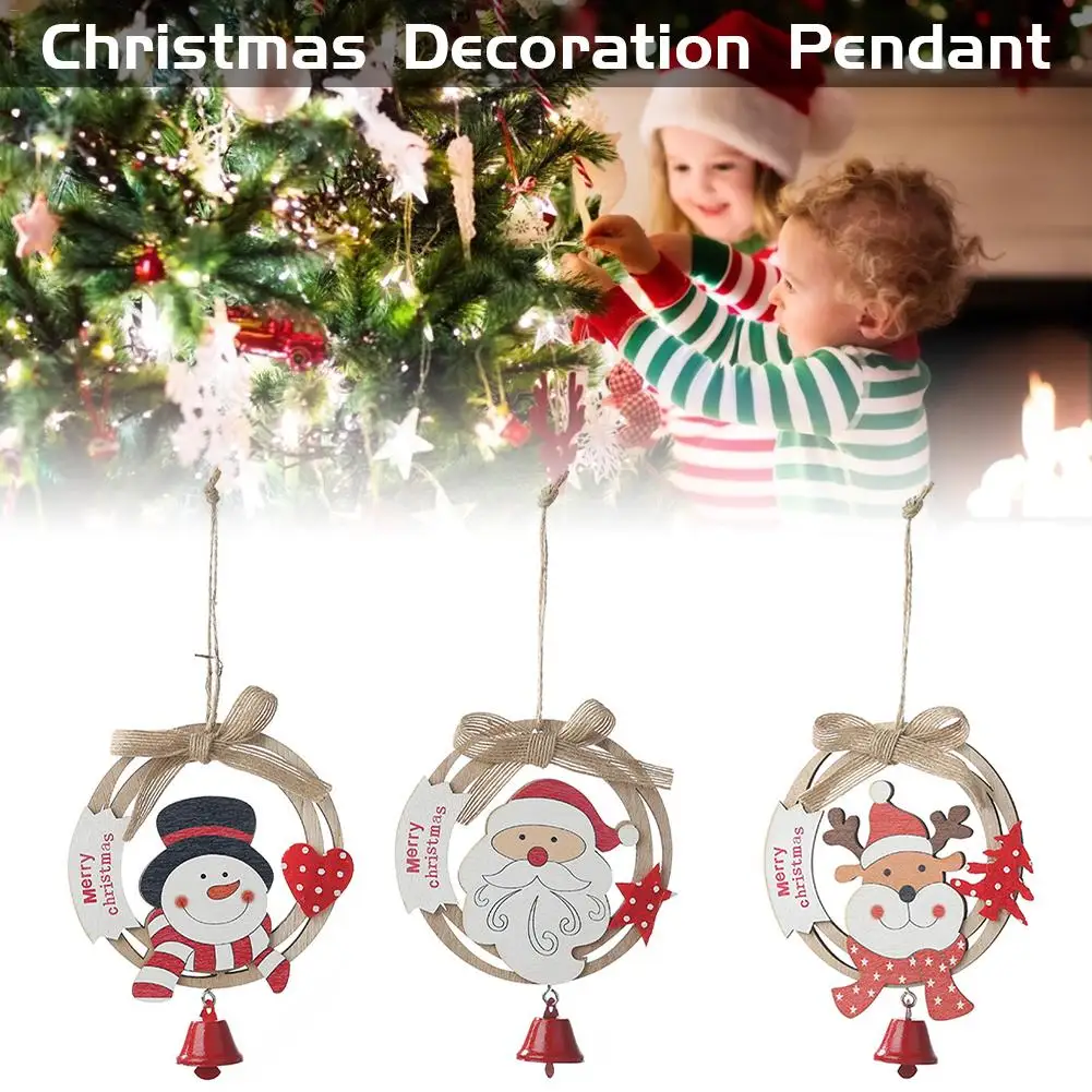 

New Wooden Christmas Wreath Pendant Creatived Bow Hanging Plate Charm With Ring Bell For Christmas Decoration Supplies
