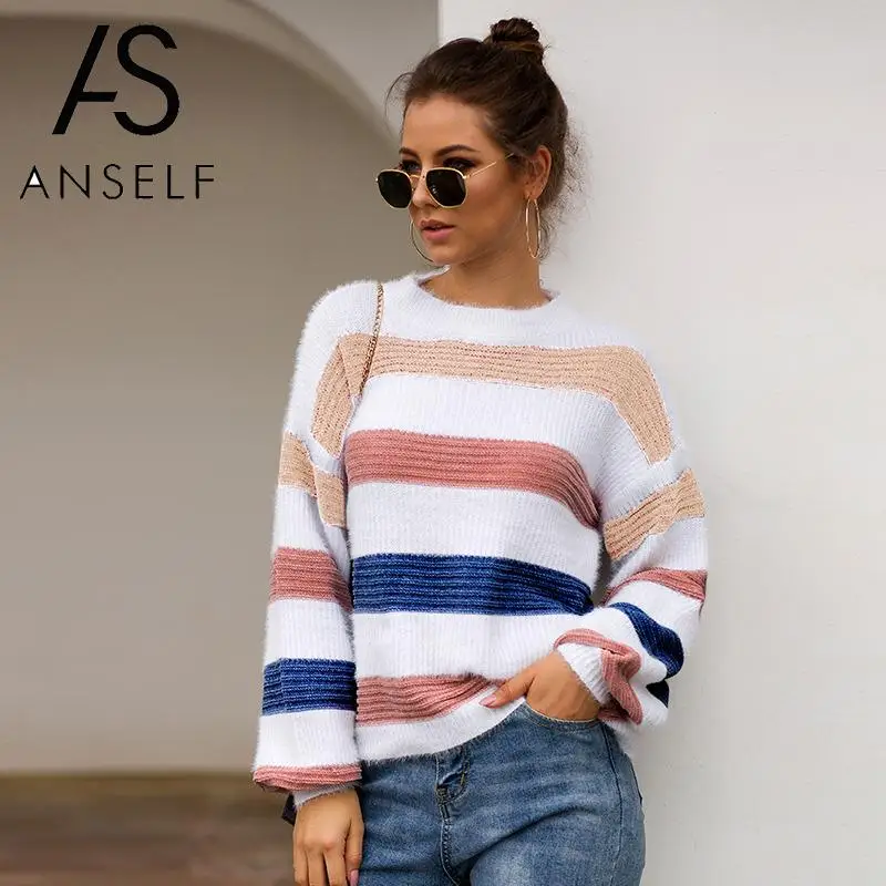 

ANSELF Long Sleeve Knitted Sweater Women Sweaters and Pullovers Splice Color Block O Neck Knitting Top female Oversized Jumpers