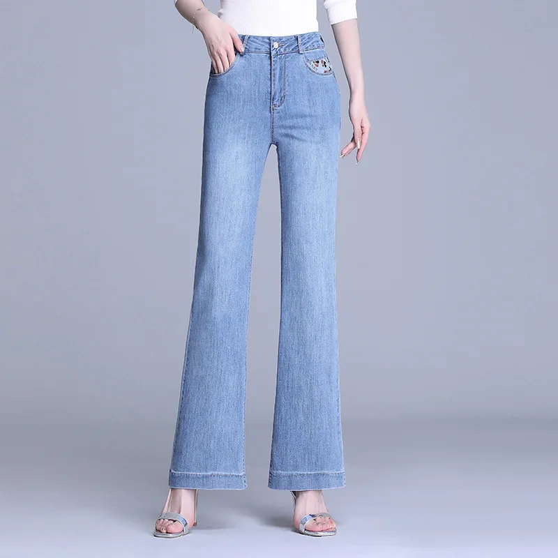 

Women's Designger Boot cut Jeans 2020 High Quality Retro High Waist Cotton LIght Blue Denim Pants Long Stretch Flared Jeans