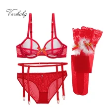 Varsbaby/ сексуальный Рождественский комплект большого Красного прозрачного нижнего белья из 4 предметов: бюстгальтер+ трусики+ подвязки+ чулки