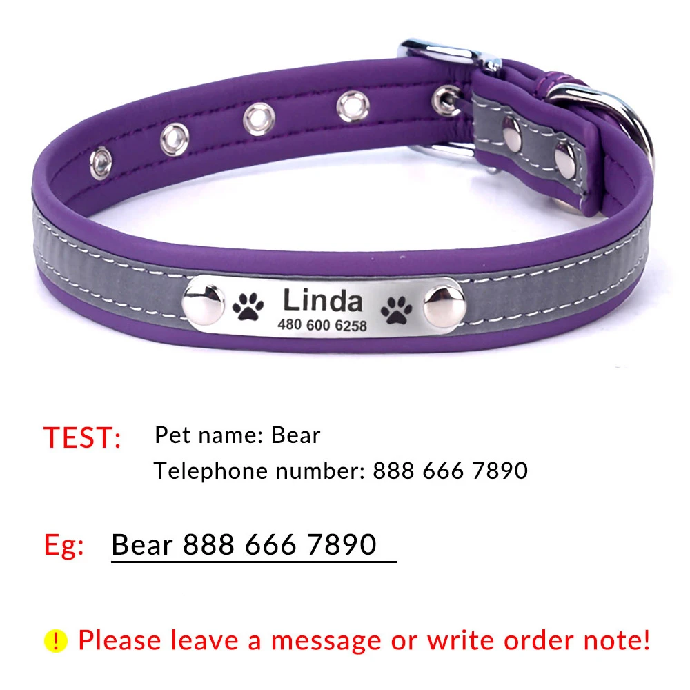 Purple Dog Collar Светоотражающий кожаный персонализированный Выгравированный ошейник для собак на заказ ошейник для щенков, кошек, домашних животных идентификационная бирка для маленьких больших средних собак XS-XXL - Цвет: Purple Dog Collar