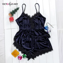 Викторианский ключ, темно-синий кружевной Бархатный комплект Cami PJ, сексуальный v-образный вырез, без рукавов, пижама, однотонная Пижама, женские короткие комплекты, женская пижама