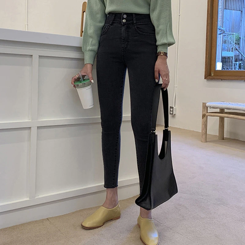 

QoerliN Vintage Black Jeans Pants Denim Women Autumn Winter Slim Korean High Waist Elastic 2019 Ankle Length Trouser Plus Size