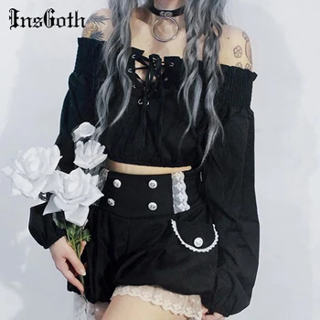 

InsGoth Harajuku Off Shoulder Sexy Tops Women Gothic Streetwear Long Sleeve Bandage Hollow Out Crop Tops Autumn Female Tops