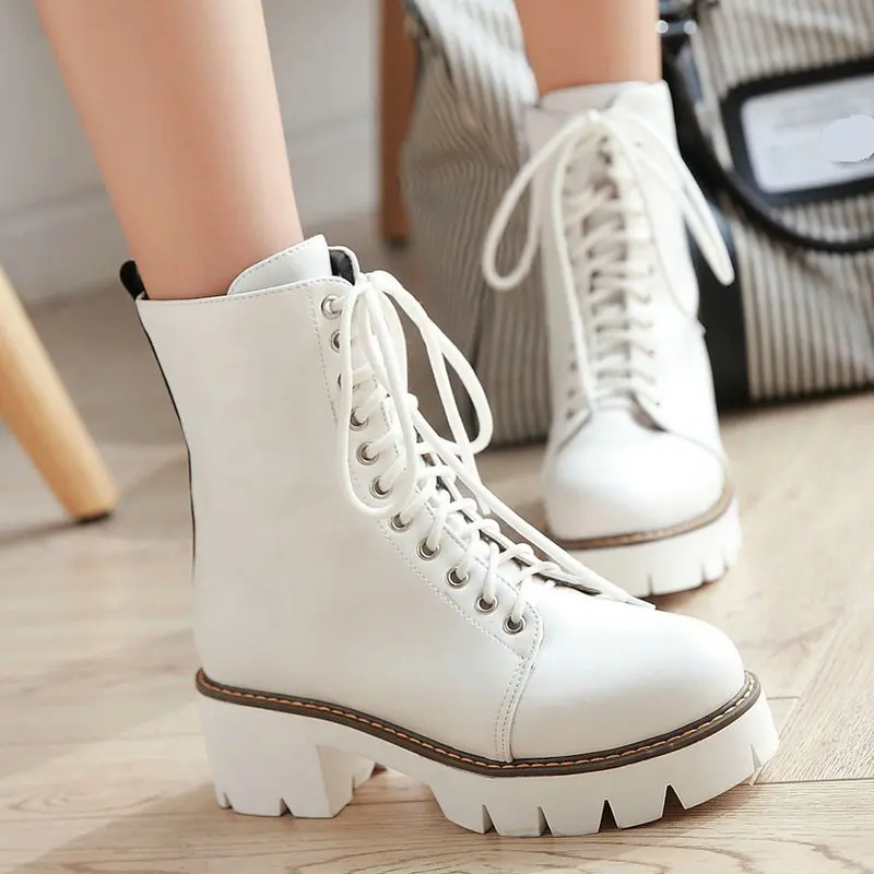 

Spring Autumn Women Boots Square Low Heel Ankle Boots Fashion Platform Lacing Zipper Martin Boots Ladies Shoes White Black