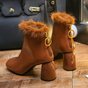 

Warm Fur Leather Women Snow Boots Winter Ladies Shoes Plush Ankle Boots Women Waterproof Chunky High Heels Boots Black Botas