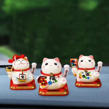 

Solar Small Lucky Cat Car Interior Decoration Ceramic Rocker Beckoning Wealth Cat Home Car Decoration Gift Waving Arm Modern
