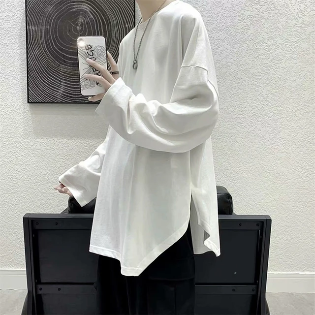 Irregular Loose Long Sleeve Men Tshirt Split Fork Fashion All-Match Solid Color Spring Summer Tops Oversized Japanese Streetwear white