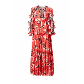 

Designer Maxi Long Party Dress Women's Noble Full Sleeves Red Printed Sexy Sheer Lace Patchwork Resort Festa Vestidos