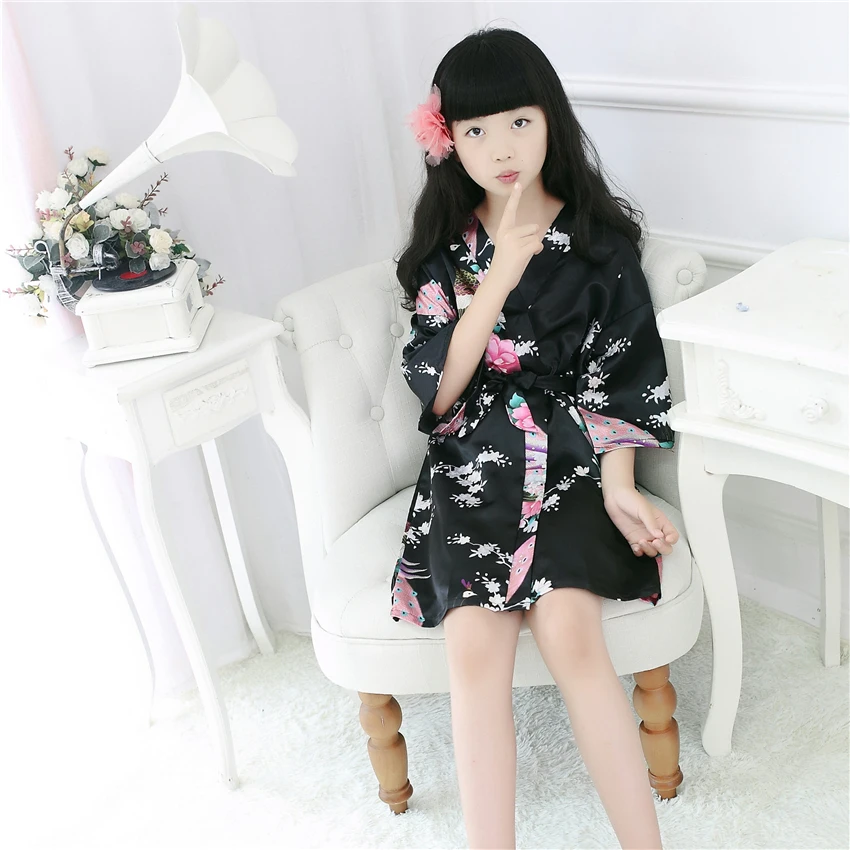 9Color Traditional Japanese Kimono Clothing for Girls Wedding Bridesmaid Peacock Yukata Pajamas Kids Silk Asian Sleepwear