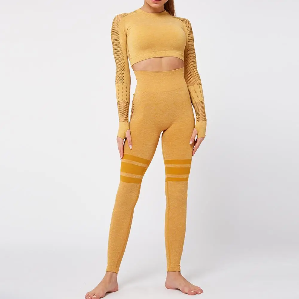 Women Energy Seamless Yoga Sets Sexy Breathable Mesh Knitted Gym Set 2 Piece Sportswear Long Sleeve Top+High Waist Yoga Leggings