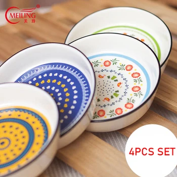 

4PCS Round Sauce Dish Bowl Ceramic Seasoning Dispenser Tray Kitchen Accessories Personalized Condiment Soy Oil Plates Home Decor