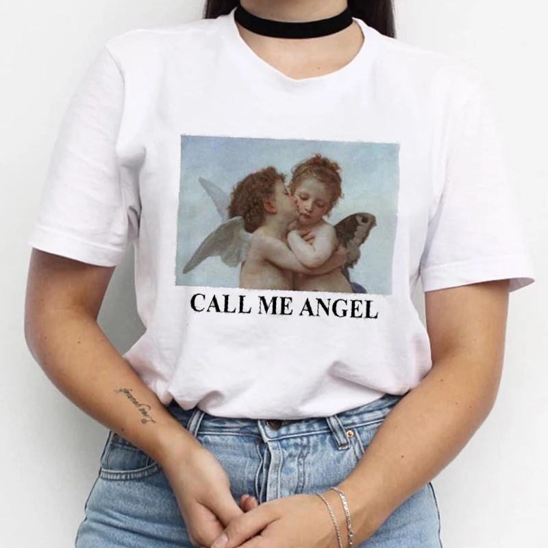 CALL MY ANGEL/летние женские свободные повседневные топы в винтажном стиле с коротким рукавом и рисунком Ангела из мультфильма, женская футболка с круглым вырезом, черная футболка