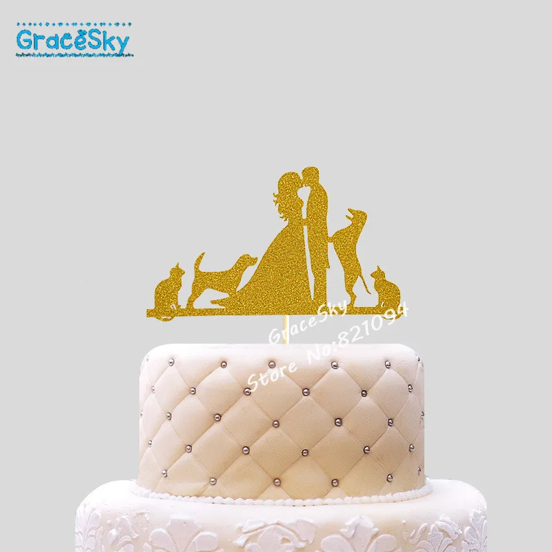 

12pcs free shipping Glitter Bride & Groom dogs cat design Wedding Party Cakes Toppers for Party Favors cupcake picks