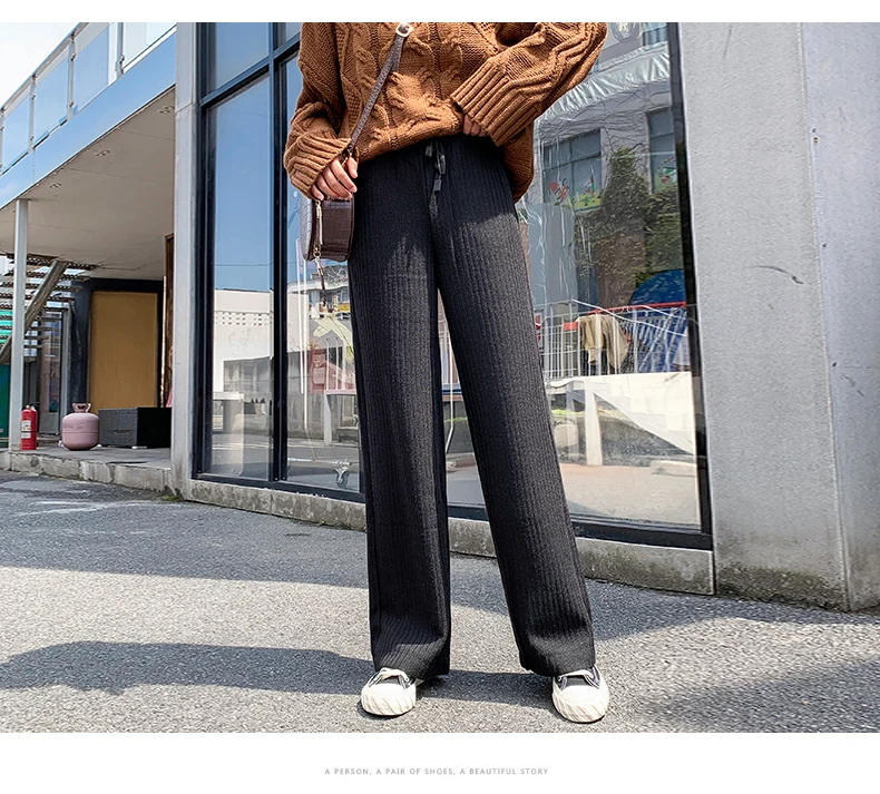 Genayooa Plus Size Knitting Wide Leg Pants Casual Woman Trousers Winter Streetwear Elastic Wear Pants Big Size Trousers