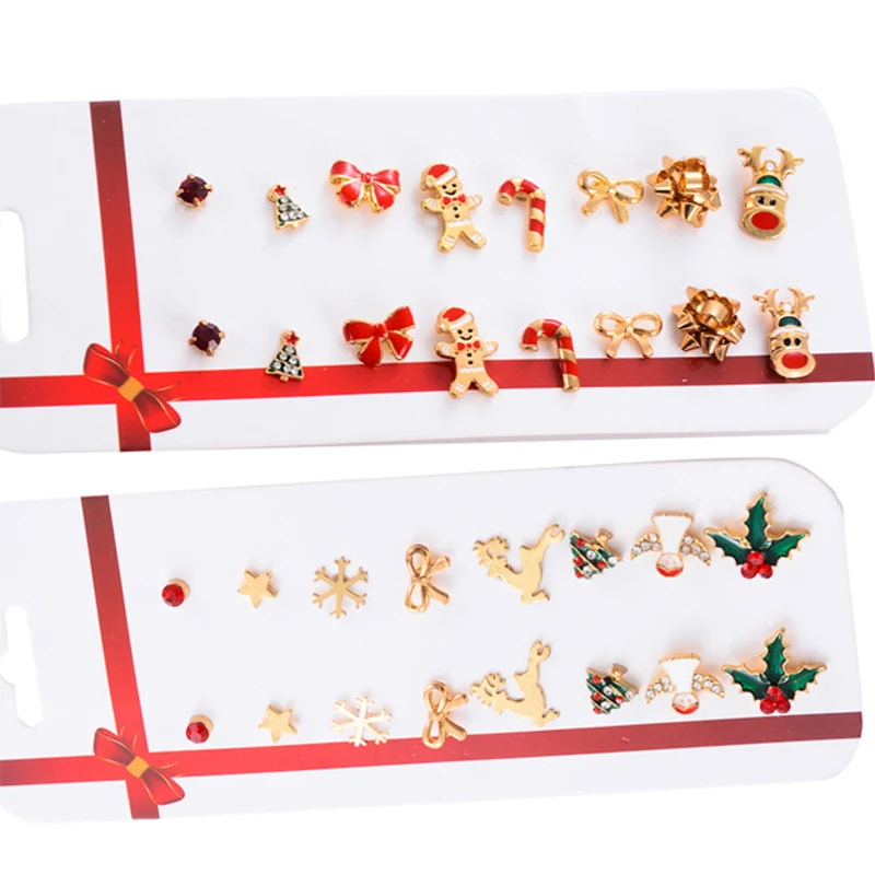 8 Pairs Stud Earrings Set Christmas Tree Elk Snowman Deer Xmas Atmosphere Ear Studs Jewelry Crystal New Year Gifts