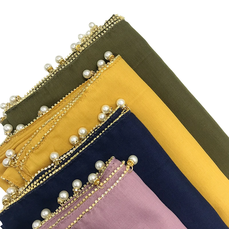 

1PCS NEW Muslim basic long hijab Viscose Women soft scarf crystal chain edges bandana Foulard hijab pearls Plain solid shawls