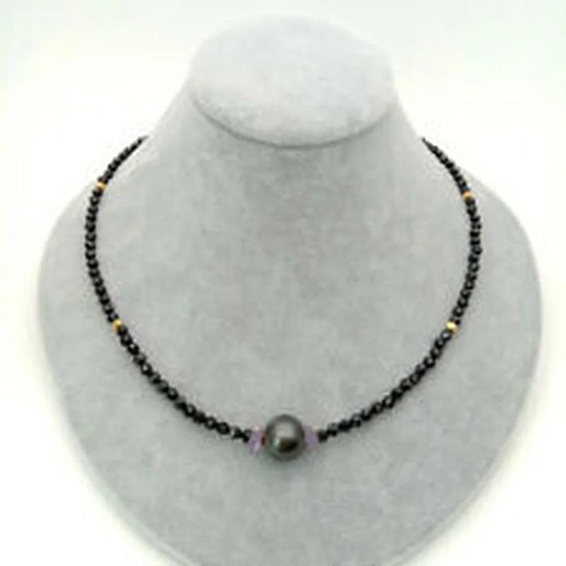 

18" Natural 4mm Faceted Black Spinel Tahitian Pearl Necklace 12mm