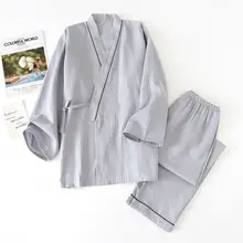 Japanese Mens Kimono Pajamas Suits Male Robe Gown 2Pcs/Set Bathrobe Sleepwear Loose Man 100% Cotton Comfortable Pajamas Hombre
