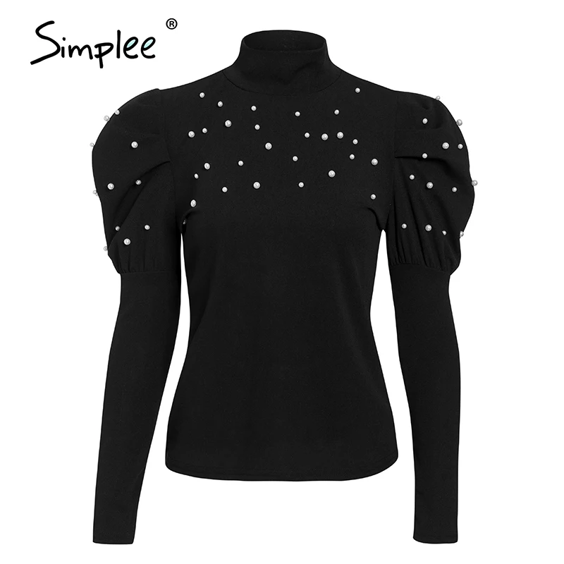  Simplee Beading turtleneck pearl plus size women blouse shirt Casual work wear elegant pullover top