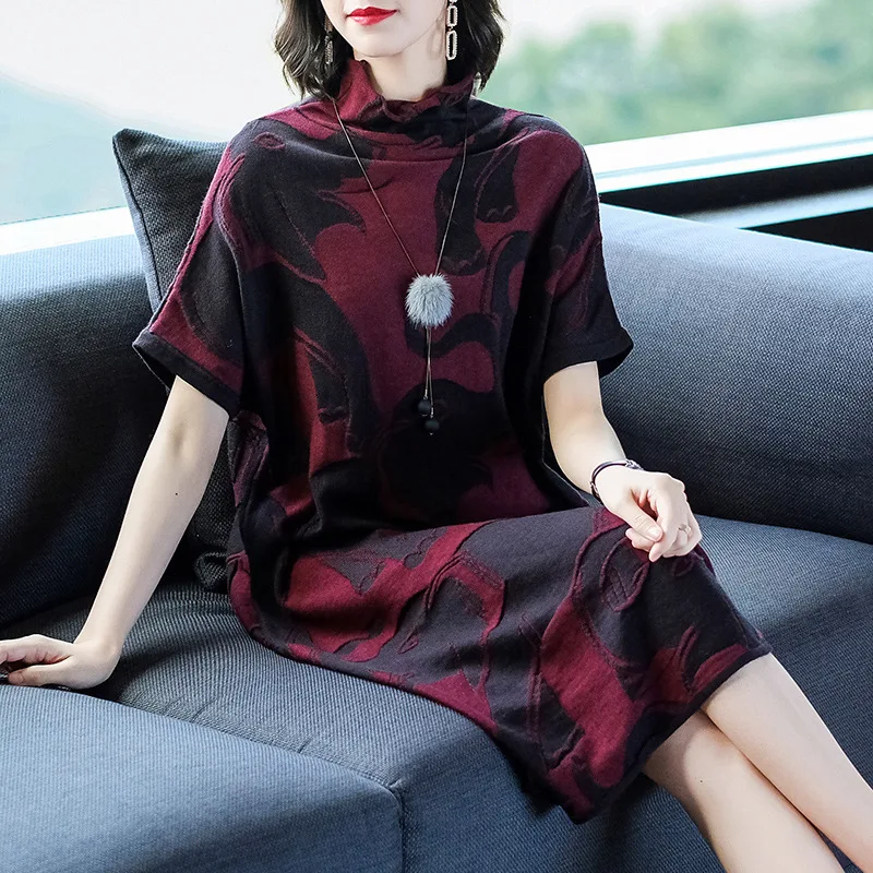 

Photo Shoot High Collar Loose-Fit Slimming Elegant Knitted Full Body Dress Female Autumn New Style Mid-length over-the-Knee Swea