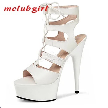 

Mclubgirl 15cm Heels Sexy Fish Mouth Cut Out Lace Up High Heels Hate Sky High Stage Performance Sandals LYP