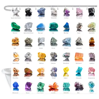 

Collection Decor Gemstones Stones and Minerals with Names on White Background Shower Curtain, Waterproof Polyester Zen Chakra