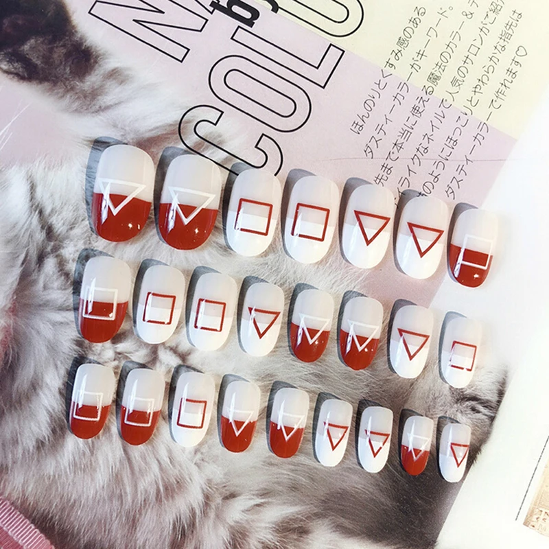Струйное модное изделие 24 шт./компл. Ложные Полный Накладные ногти DIY Инструменты для ногтей твердые акриловые шарики в белую и красную полоску Маникюр вечерние подарок Красота
