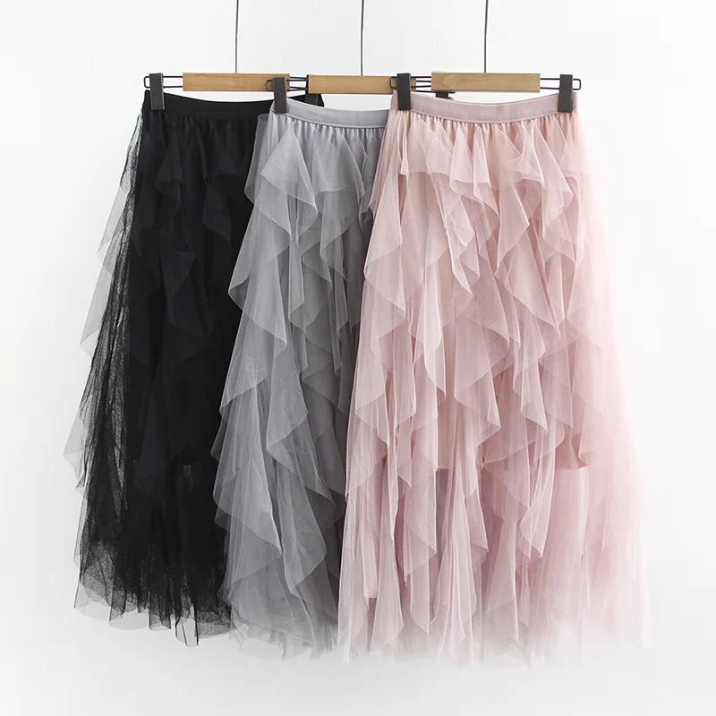 

South Korea Dongdaemun Summer Fairy Skirt Skirt Gentle Mid-length Irregular Black And White with Pattern Skirt Pleated Skirt Mes