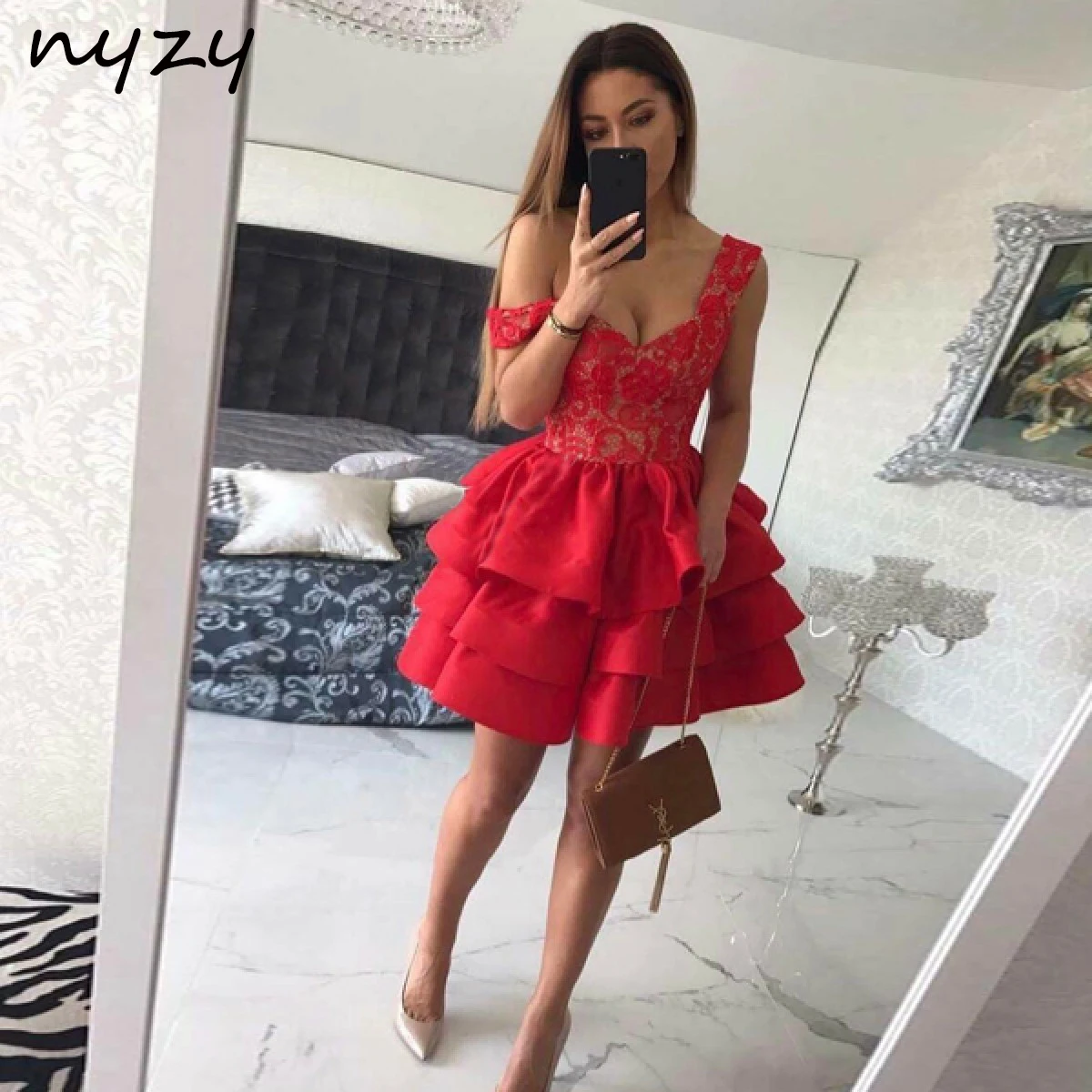 

C52 NYZY Ball Gown Satin Red Short Prom Dresses 2021 Party Dress Cocktail Graduation Homecoming