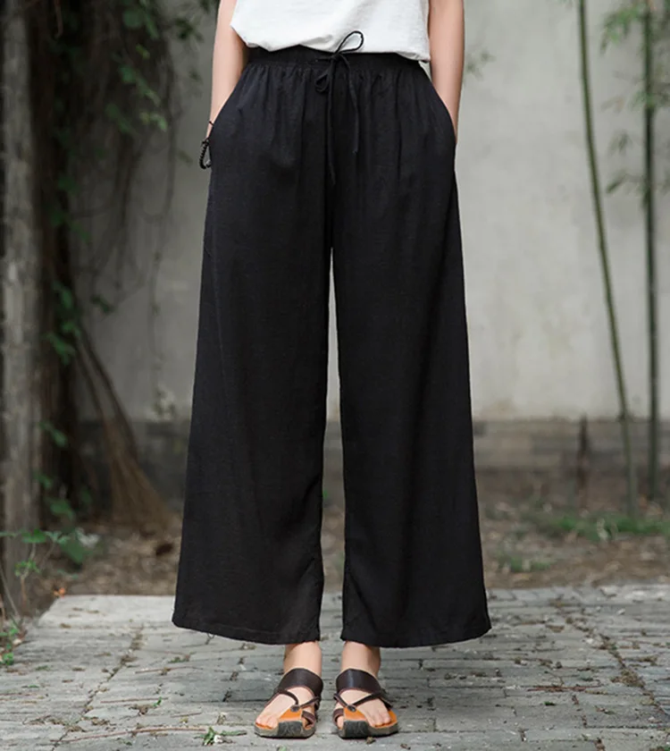 Johnature 2020 Autumn Women New Retro Elastic Waist Cotton Linen Lace Up Wide Leg Pants Loose Casual All-match Ankle-length Pant