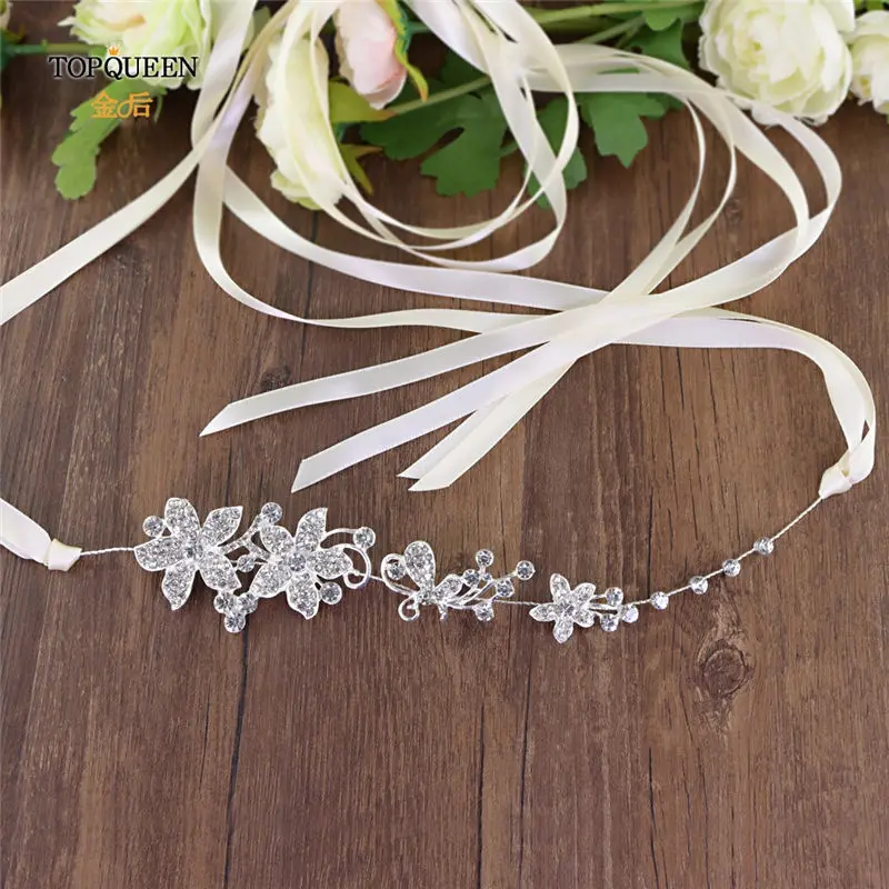 ivory ribbon TOPQUEEN SH260 Большой Хрустальный цветок пояс невесты Тонкий цветочный свадебный пояс горный хрусталь цветок свадебный пояс серебряный сплав пояс невесты - Цвет: ivory ribbon