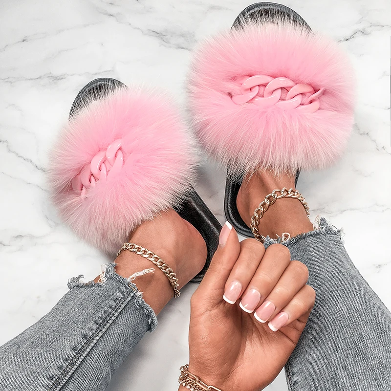 Real Fox Fur Slippers Fluffy Flip Flops Shiny Chain Plush Slippers Furry Fur Slides House Beach Flat Sandals Women Fashion Shoes