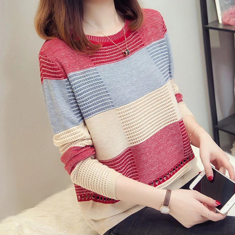 Early Autumn Women Dress Korean Casual Style Mixed Colors Loose Fit Stripe Long Sleeve Base Shirt Sweater Pullove New Style Early Autumn Women Dress Korean Casual Style Mixed Colors Loose Fit Stripe Long Sleeve Base Shirt Sweater Pullove New Style