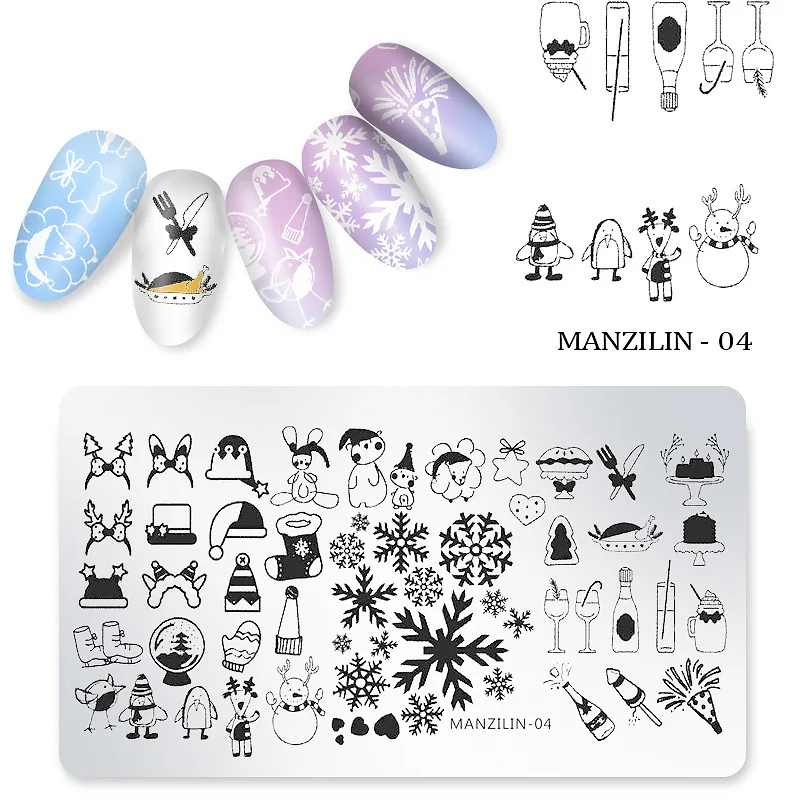 Nail Christmas пластины для штамповки ногтей Снежинки Снеговик Рождественская елка