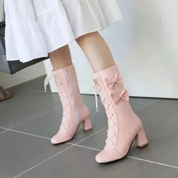 

2020 fashion autumn and winter mid boots women's middle-heeled sweet pink Lolita side zipper student bow Martin boots women