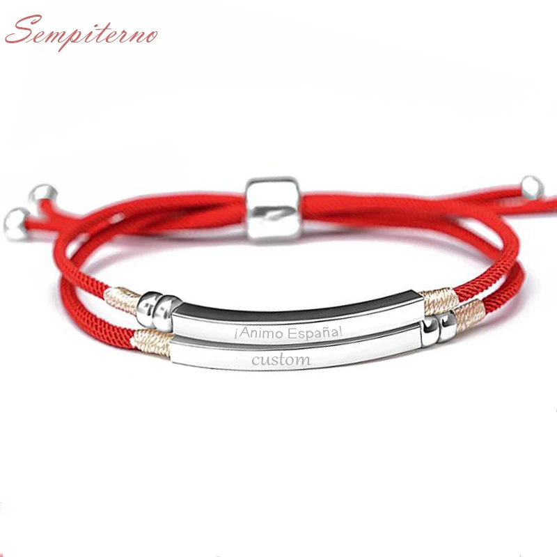 

925 Sterling Silver Handmade Pink Red Black Rope Custom Name Bracelet Engraved Date Letter Two Layers Personalized Woman Jewelry