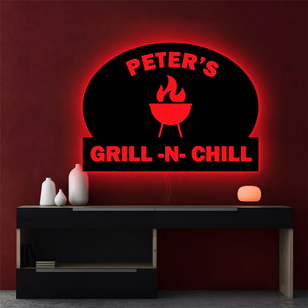 black wall lights Custom Name Wooden Night Light Personalized BBQ LED USB Neon Lamp for Birthday Party Grilling Sign Wall Decoration 30cm black wall lights