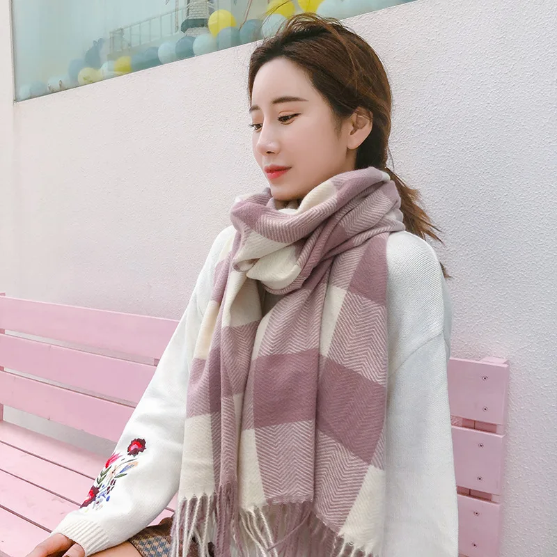 YIMEI012 Winter Girls Cashmere Plaid Scarves Women's Casual Thick Warm Shawl Poncho Tippet Women Plaid Pashmine Wraps